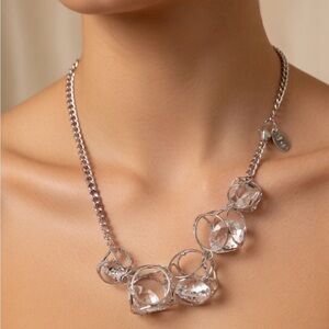 C 1946 Silver Crystal Statement Necklace Women Jewelry. Faceted Rhinestones.